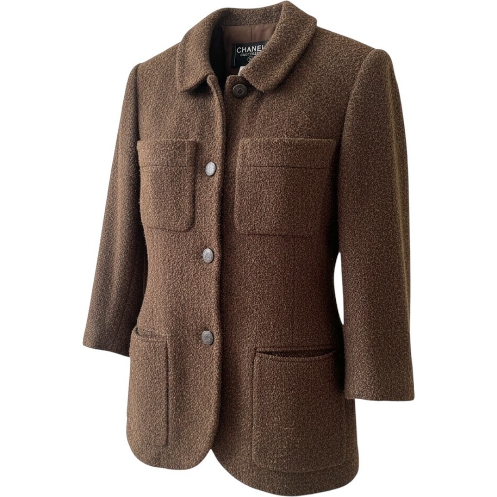 Chanel Boutique Vintage 97A Brown Wool Angora Tweed Jacket CC Logo Buttons 38